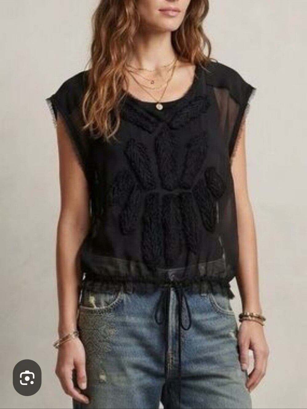 Anthropologie Black Crochet-Embellished Sheer Drawstring Camisole Cropped Top